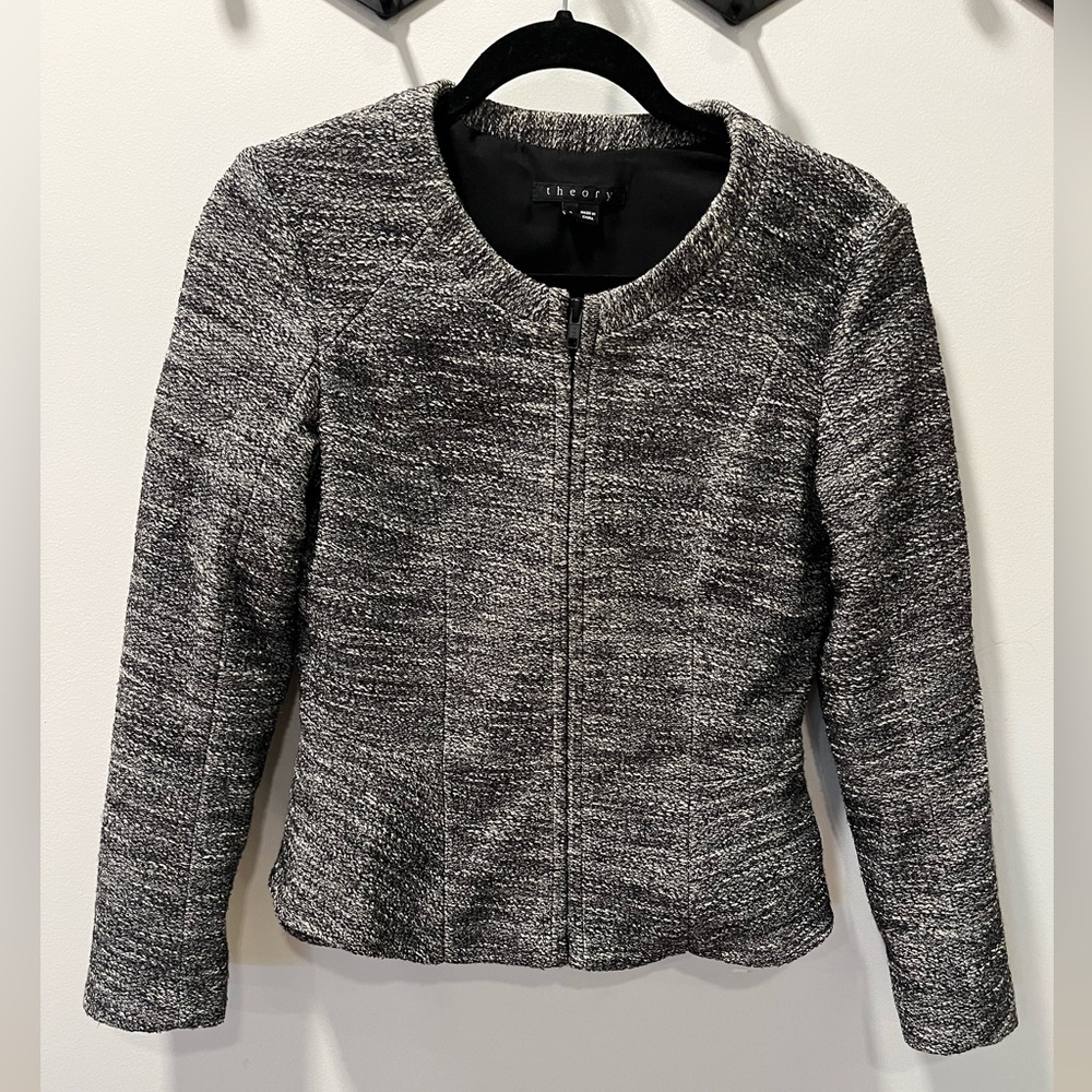 Theory Women’s Black & White Tweed Zip Down Jacket Size 8